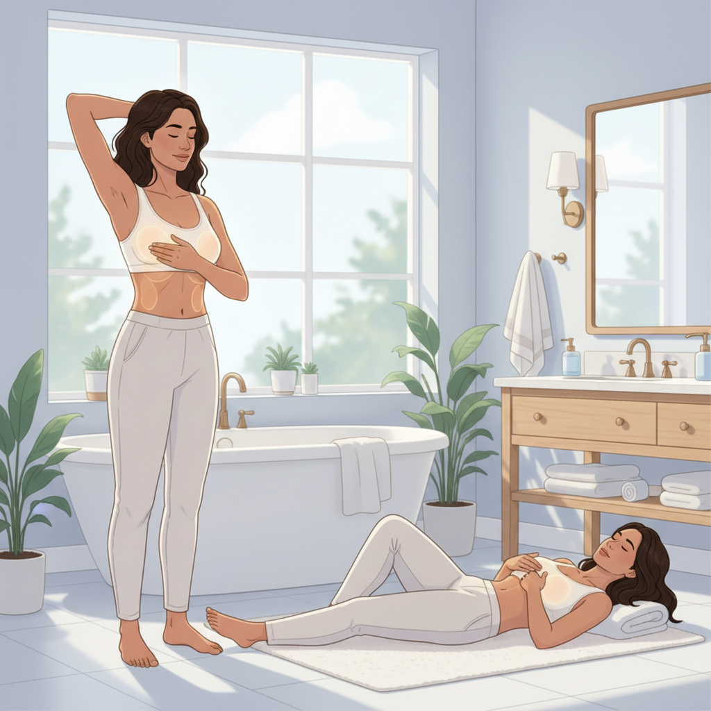 Detailed image of a woman methodically performing a breast self-examination.