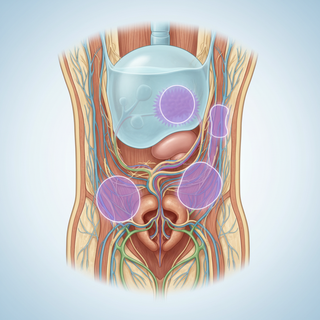 Diagram illustrating the male pelvic anatomy relevant to prostate cancer treatments and side effects.