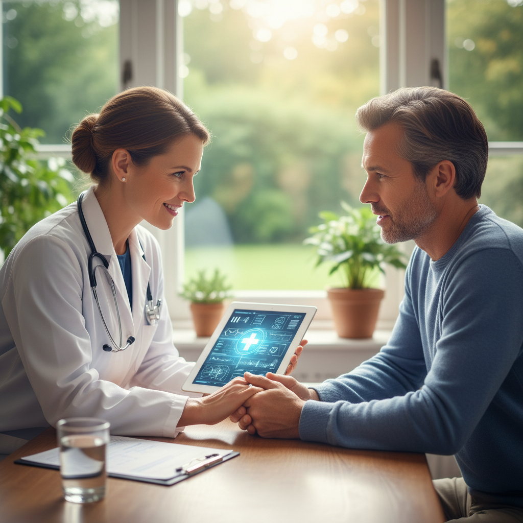 Doctor and patient calmly discussing prostate cancer treatment and potential side effects.