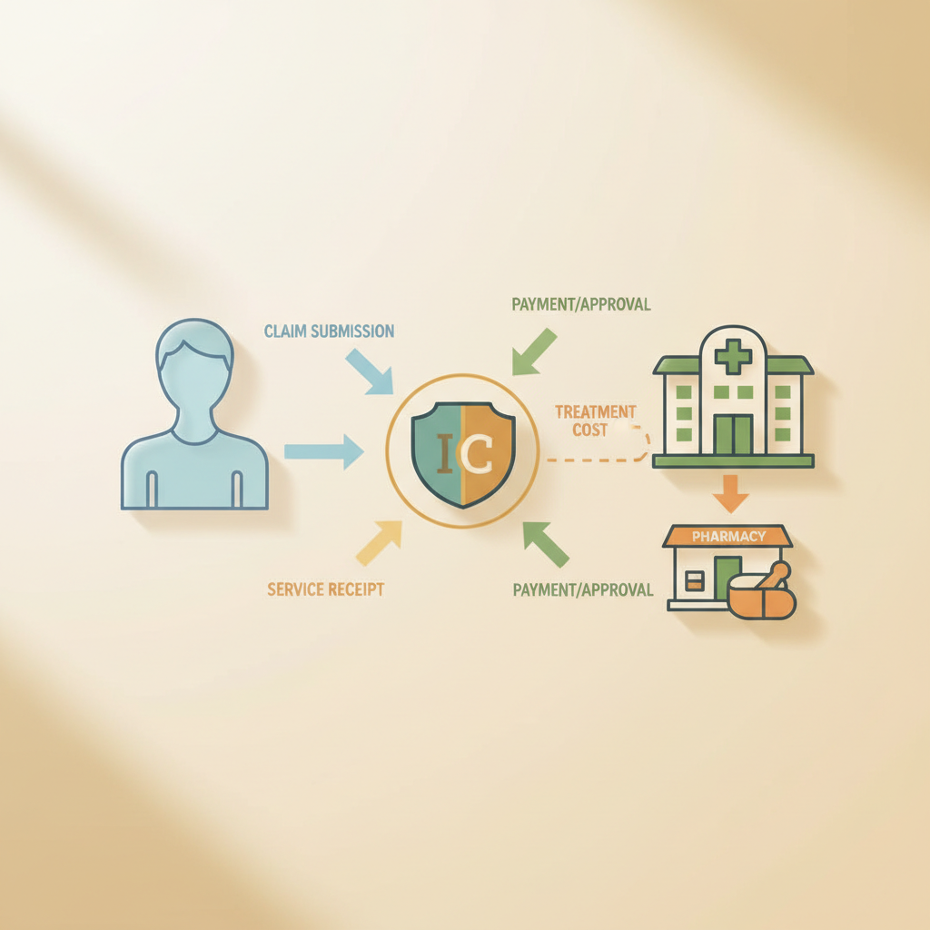 Illustration showing the journey of a medical bill from patient to provider to insurance company, with approvals and payments.