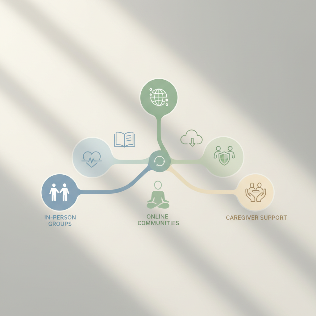 An infographic showing different pathways to support for leukemia patients and their caregivers, including in-person meetings, online resources, and family support.
