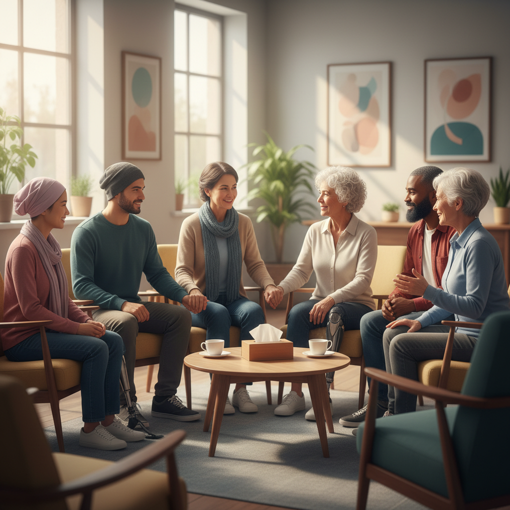 A diverse group of adults and seniors sitting in a circle, engaged in supportive conversation in a brightly lit community room.