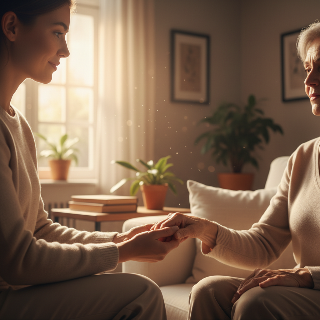 Caregiver gently holding the hand of a person with lung cancer, symbolizing support and palliative care.