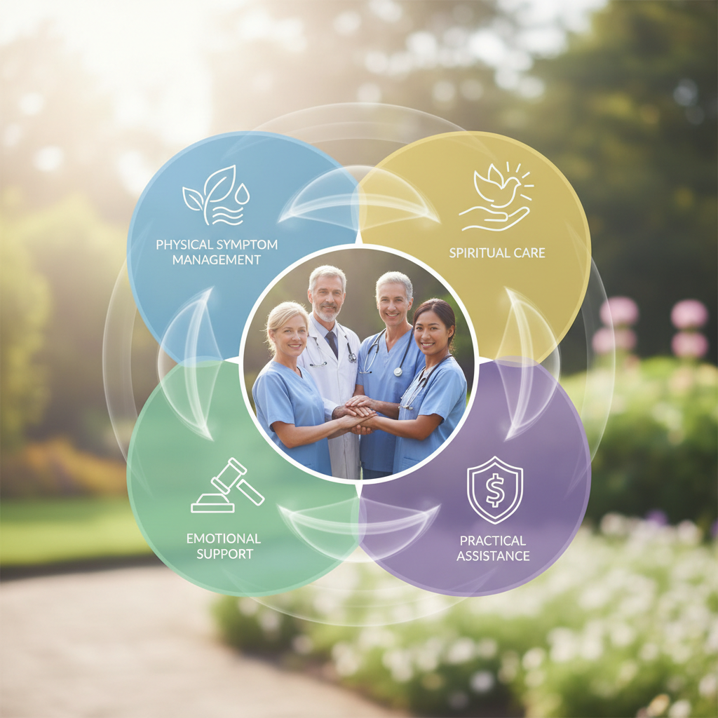 Diagram illustrating the holistic approach of palliative care, covering physical, emotional, spiritual, and practical support for lung cancer patients.