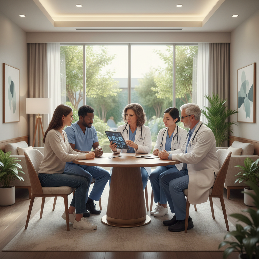 A diverse oncology team at a modern breast cancer treatment center in Costa Mesa, offering compassionate care and discussing options with a patient and her family.