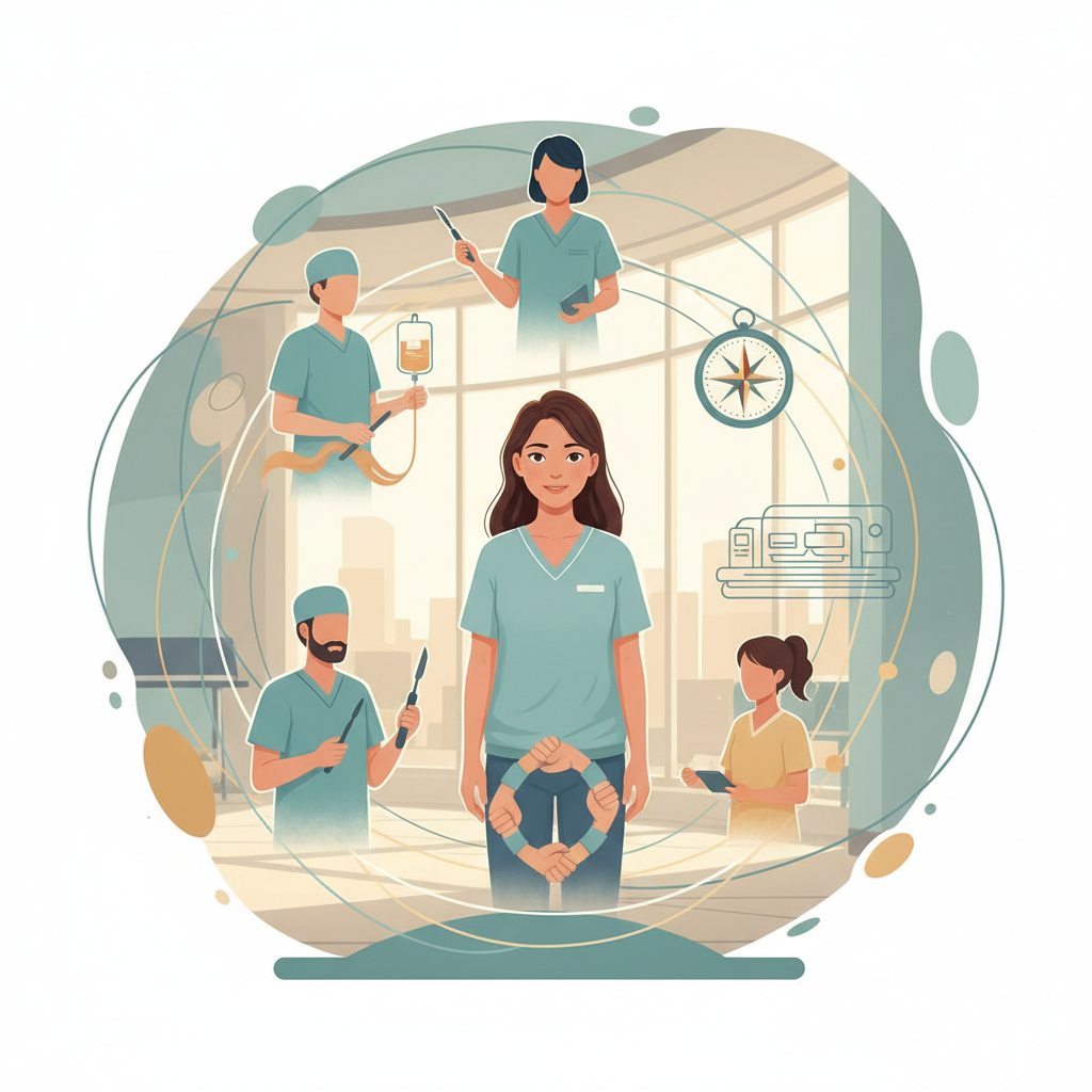 Diagram illustrating the multidisciplinary approach to breast cancer treatment, with a patient surrounded by symbols of various medical specialists and support services.