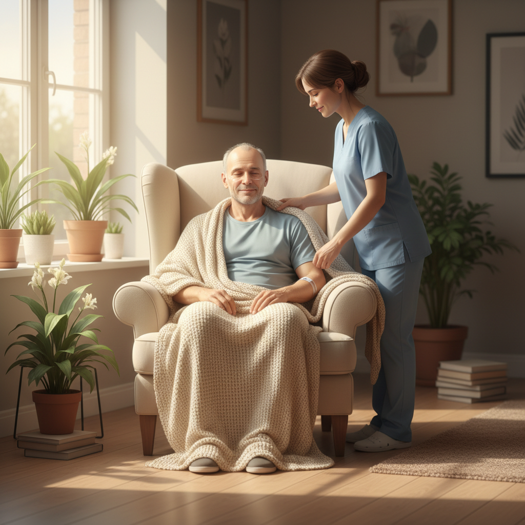 A caregiver gently covering a resting leukemia patient with a blanket, symbolizing support and care during treatment-related fatigue.