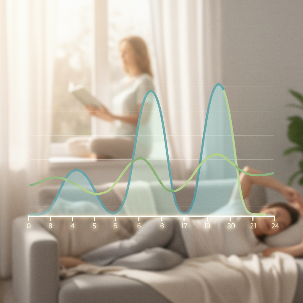 A line graph showing fluctuating energy levels over a 24-hour period, with peaks and valleys, illustrating the importance of pacing activities for a leukemia patient.