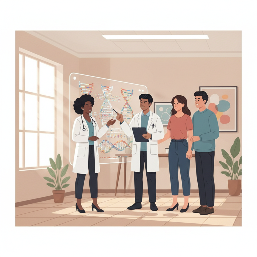 Medical team and patient collaboratively reviewing digital melanoma genetic test results on a screen.