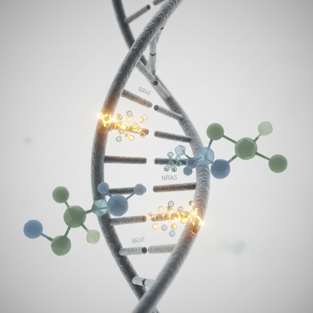Illustration of DNA strands with highlighted BRAF and NRAS mutations, showing targeted therapy drugs interacting with them.