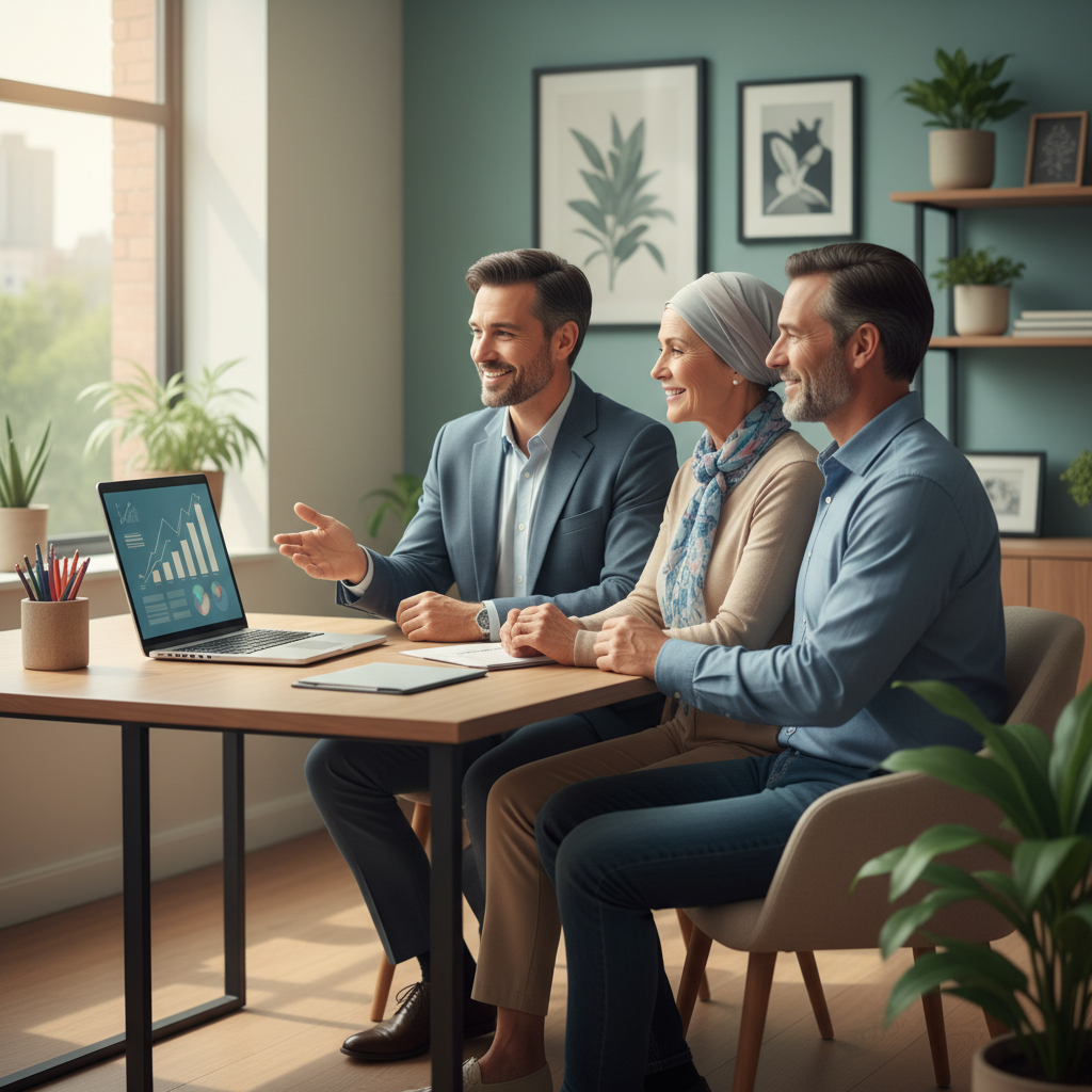 A healthcare financial navigator assists a lung cancer patient and their family with understanding bills and financial aid options.