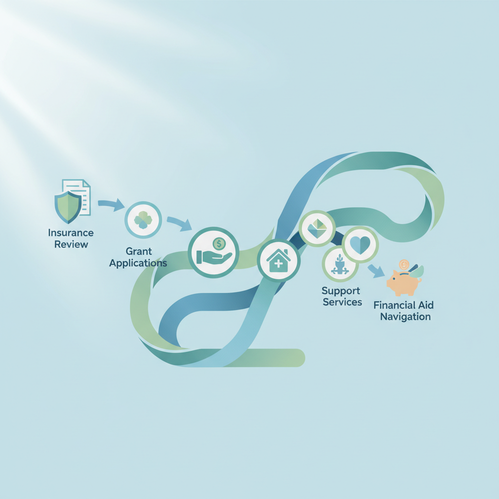 Diagram illustrating various pathways to financial assistance for lung cancer patients, including insurance, grants, and support groups.
