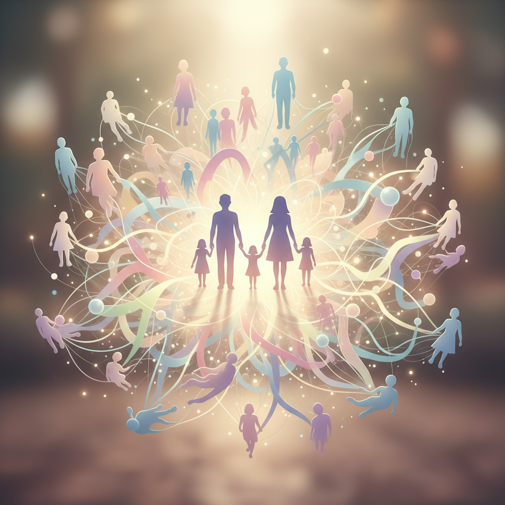 A network of interconnected support services and individuals surrounding a family, symbolizing comprehensive care.