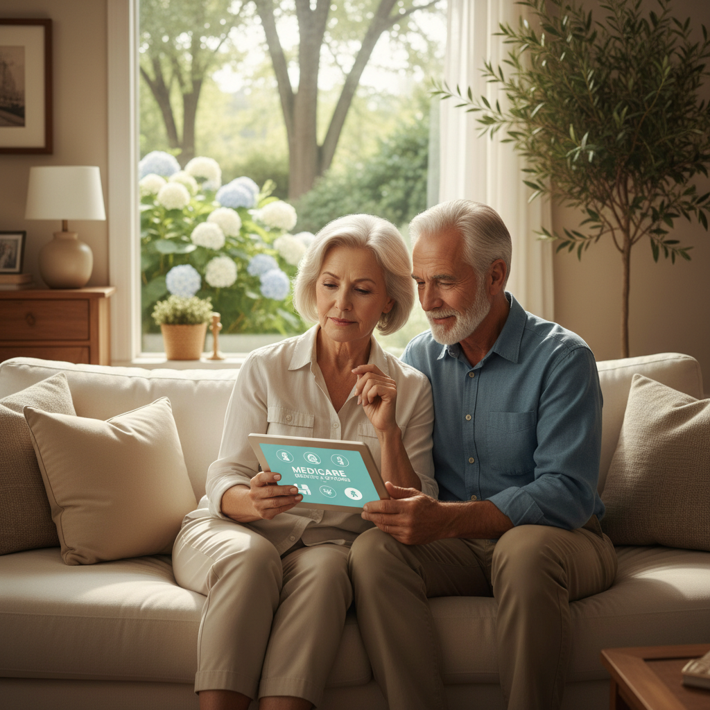 Senior couple reviewing Medicare information about cancer treatment coverage on a tablet, symbolizing understanding and support.