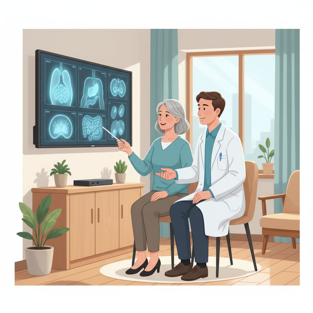 A patient and doctor reviewing medical scans on a screen, discussing treatment options in a calm and reassuring setting.
