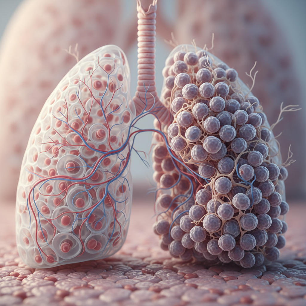 Detailed scientific illustration of lung tissue, showing a visible area of lung cancer within the complex structure of the organ.