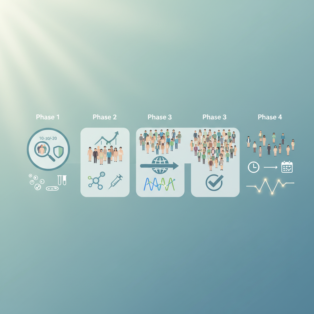 Diagram illustrating the four phases of clinical trials and their progression from safety to efficacy.