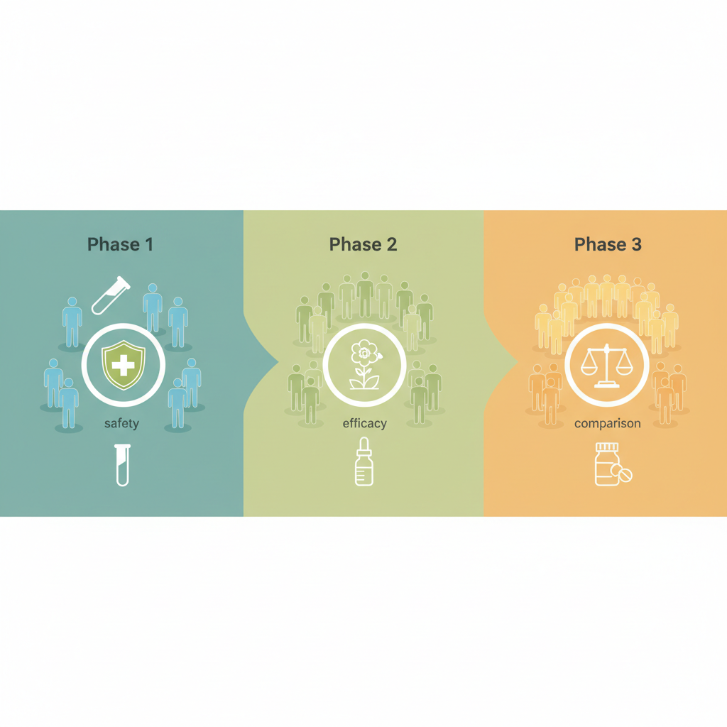 Infographic illustrating the sequential phases of clinical trials, from initial safety testing to comparison with existing treatments.