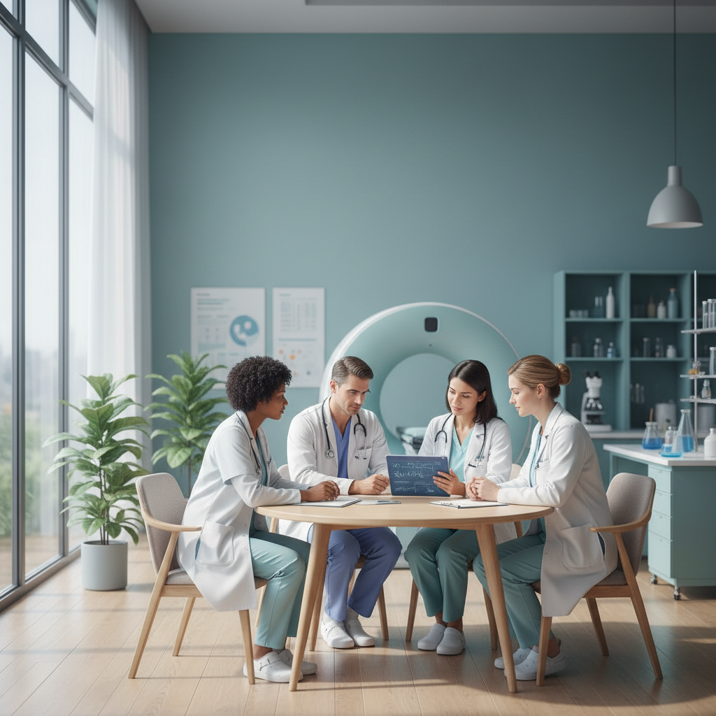 Healthcare professionals collaborating in a modern clinical research setting, discussing clinical trials for early stage prostate cancer.