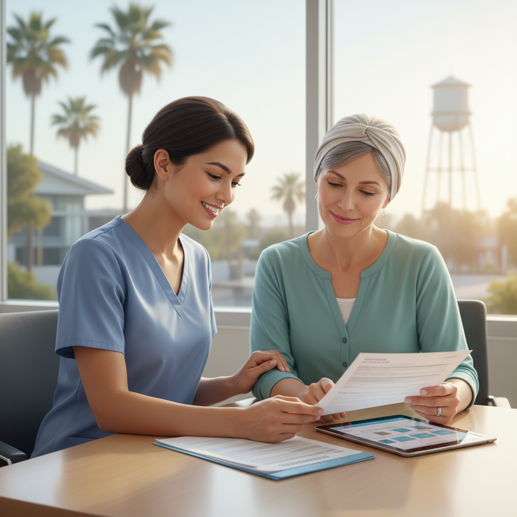 Caregiver and patient calmly reviewing health insurance documents.