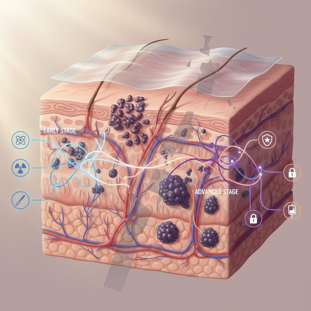 Medical illustration depicting melanoma cells within skin layers and potential spread, highlighting the complexity of melanoma treatment.