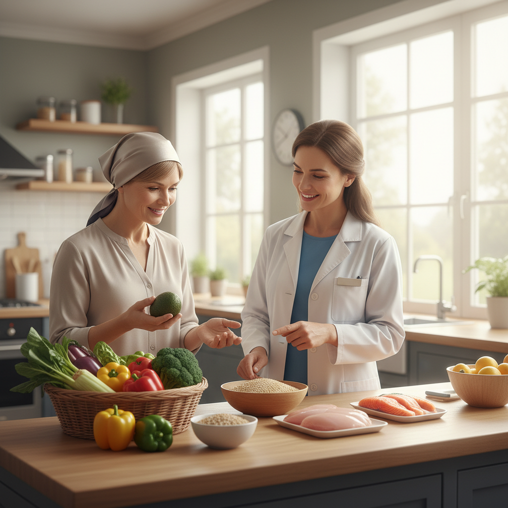 A patient with pancreatic cancer happily selecting healthy food options with guidance, highlighting the importance of diet during treatment.