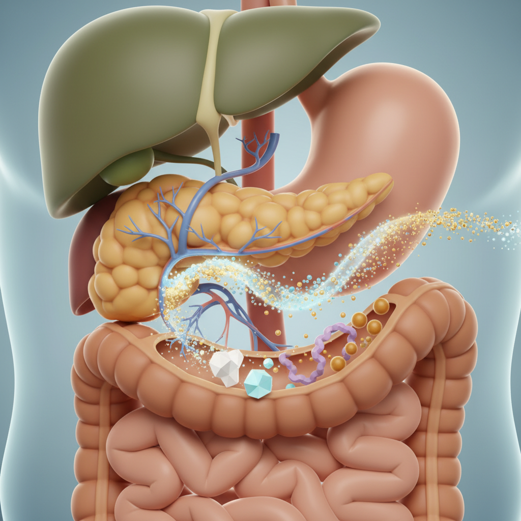 Detailed depiction of the pancreas and its digestive function, showing enzymes breaking down food.