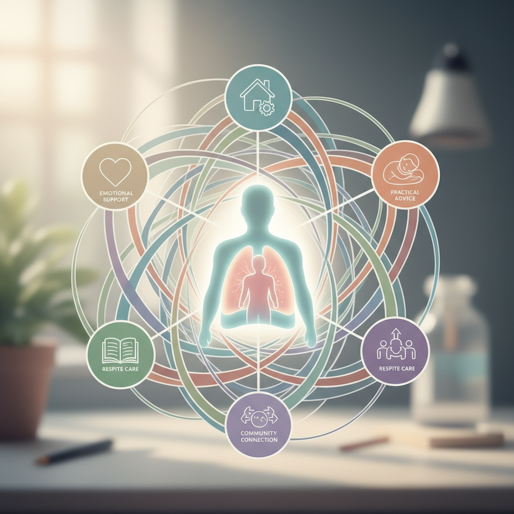 An illustration showing various types of support, including emotional, practical, and community connections, forming a comprehensive network around a lung cancer caregiver.